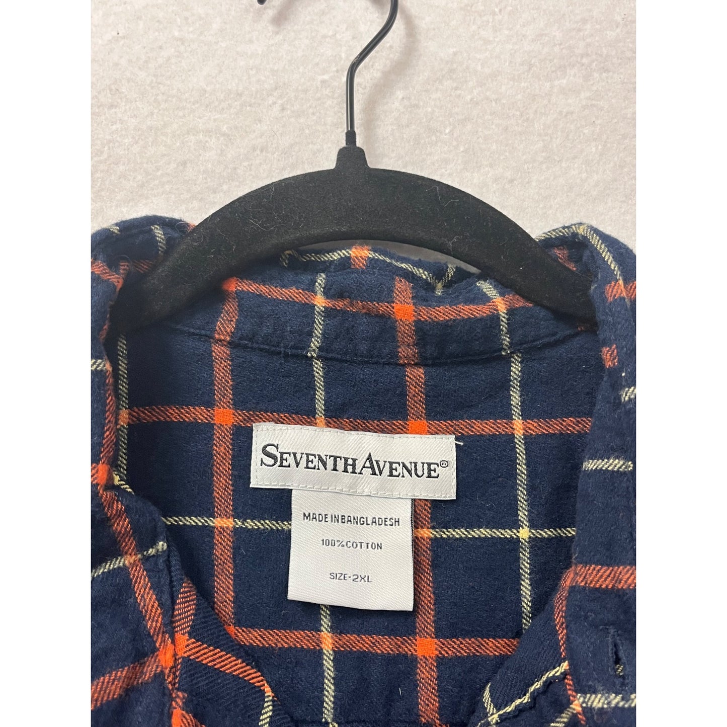 Mens 2XL Seventh Avenue Navy & Orange Plaid Button-Up Shirt #8201