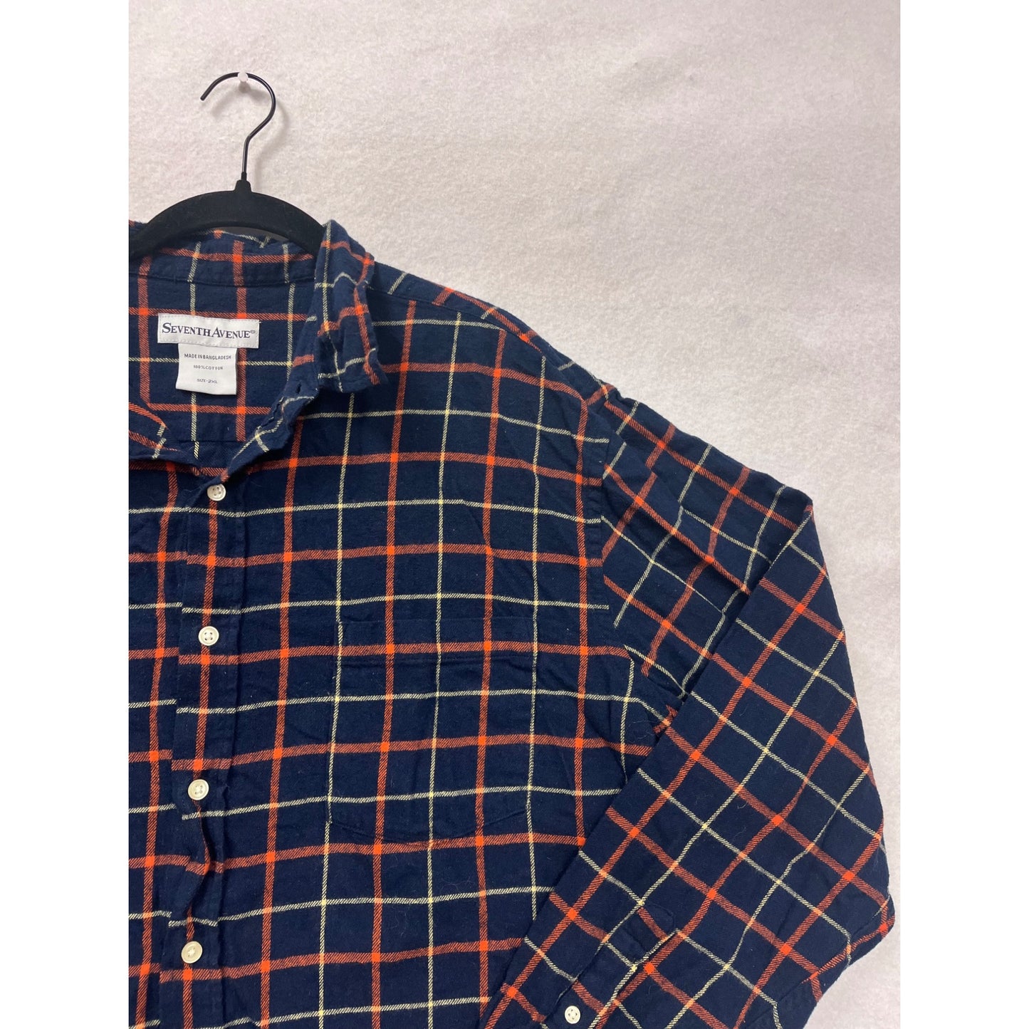 Mens 2XL Seventh Avenue Navy & Orange Plaid Button-Up Shirt #8201