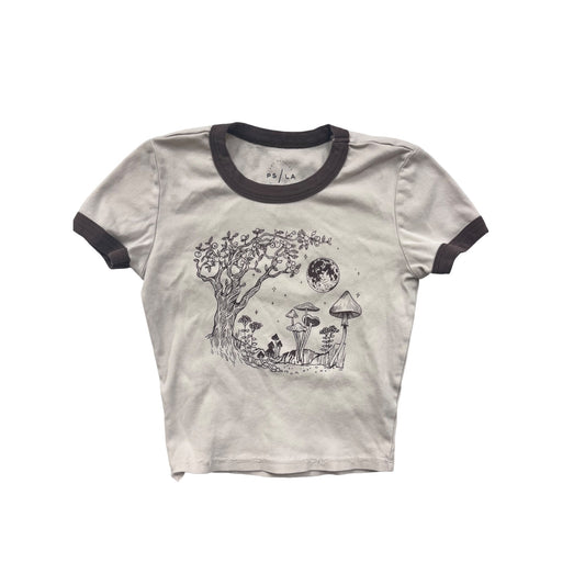 Womens XS PS/LA Beige & Brown Ringer Tee With Mushroom & Moon Graphic #6833