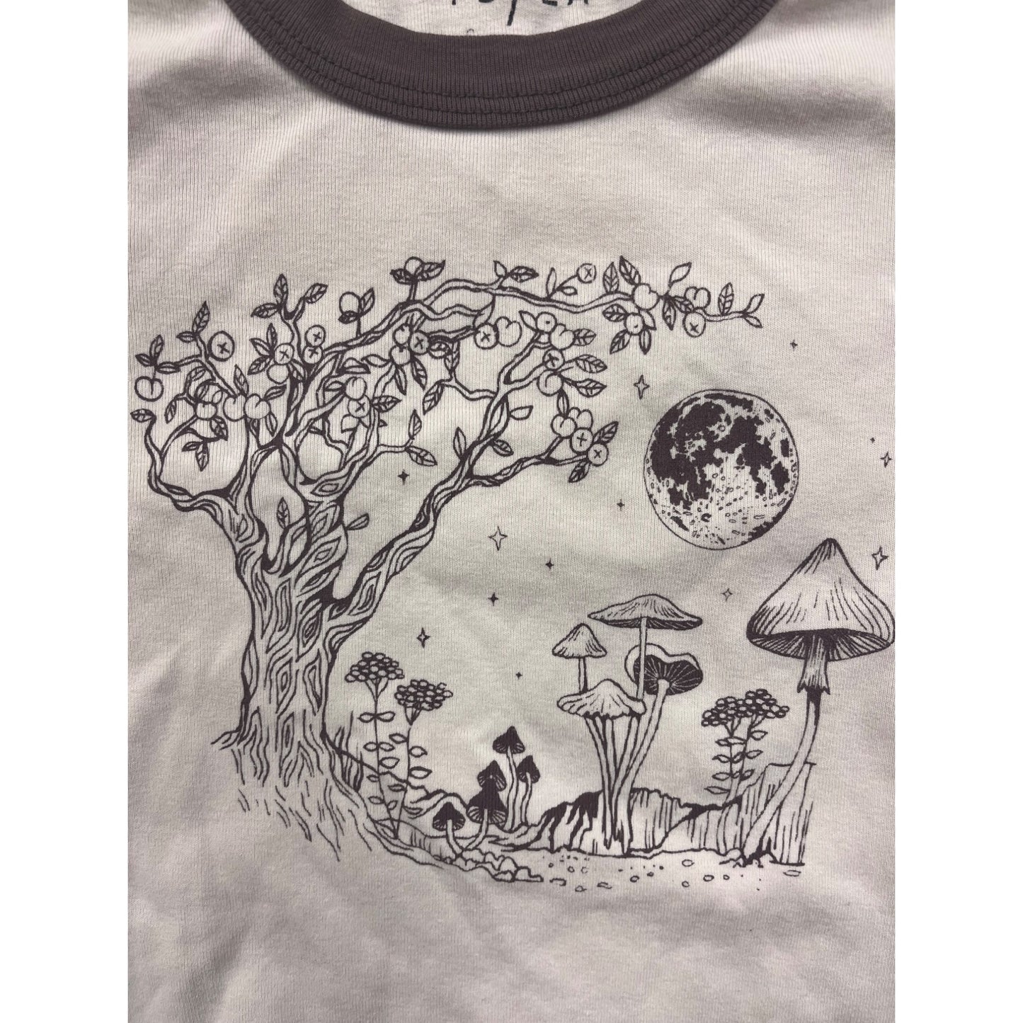 Womens XS PS/LA Beige & Brown Ringer Tee With Mushroom & Moon Graphic #6833