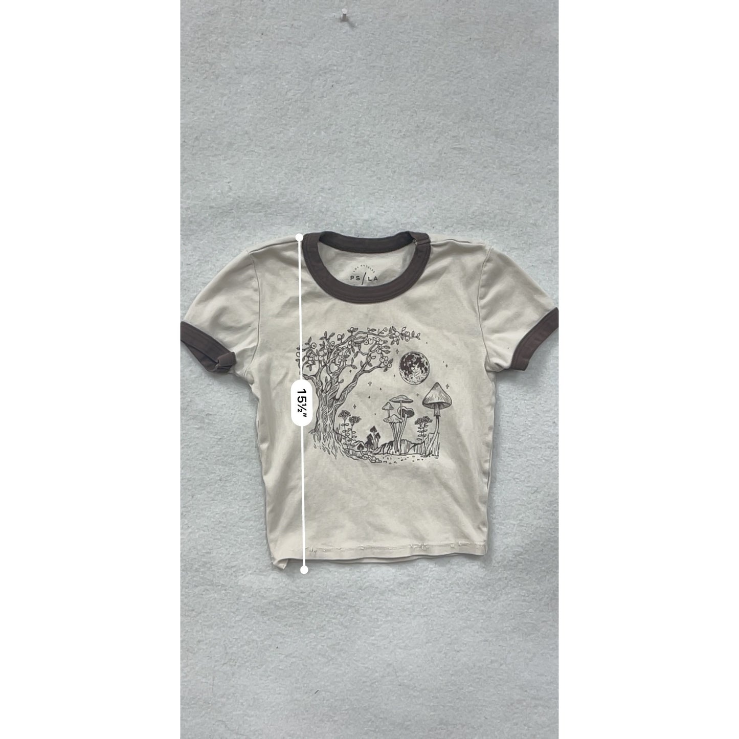 Womens XS PS/LA Beige & Brown Ringer Tee With Mushroom & Moon Graphic #6833