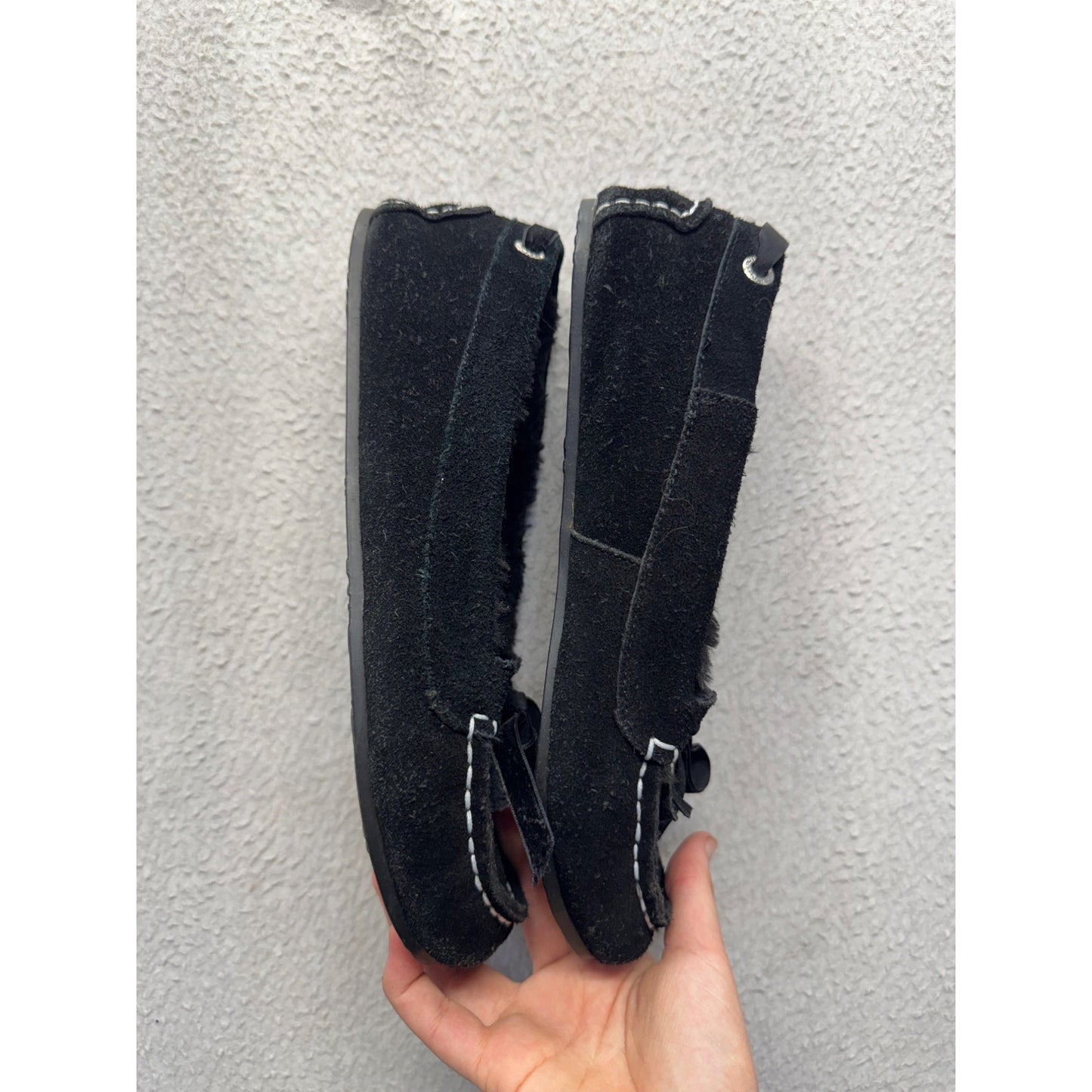 Sperry Womens Black Suede Moccasin Slippers W/ Faux Fur Lining Size 7 #9519