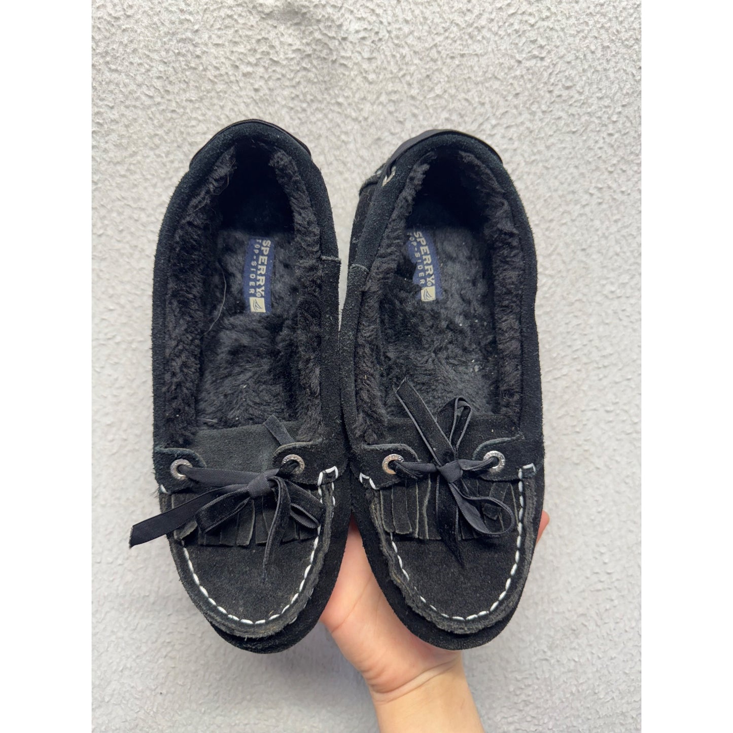 Sperry Womens Black Suede Moccasin Slippers W/ Faux Fur Lining Size 7 #9519