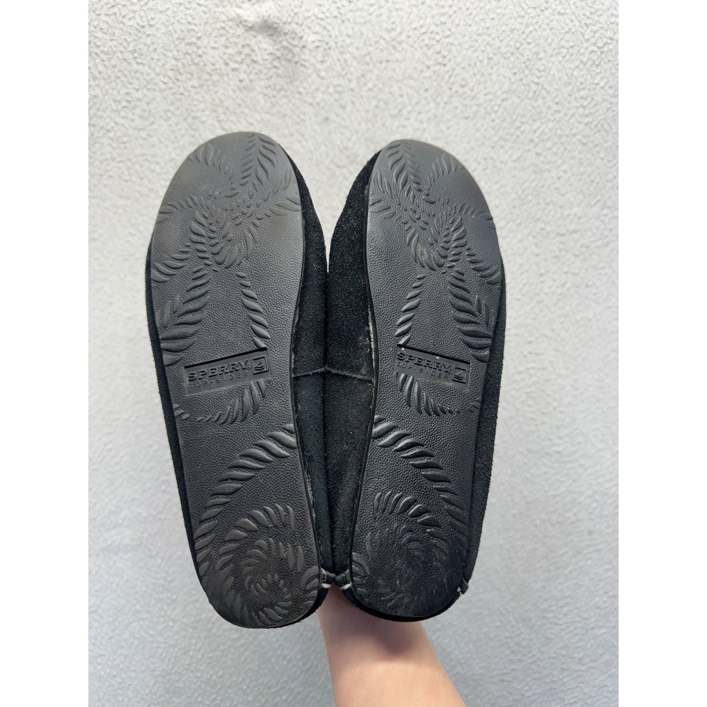 Sperry Womens Black Suede Moccasin Slippers W/ Faux Fur Lining Size 7 #9519