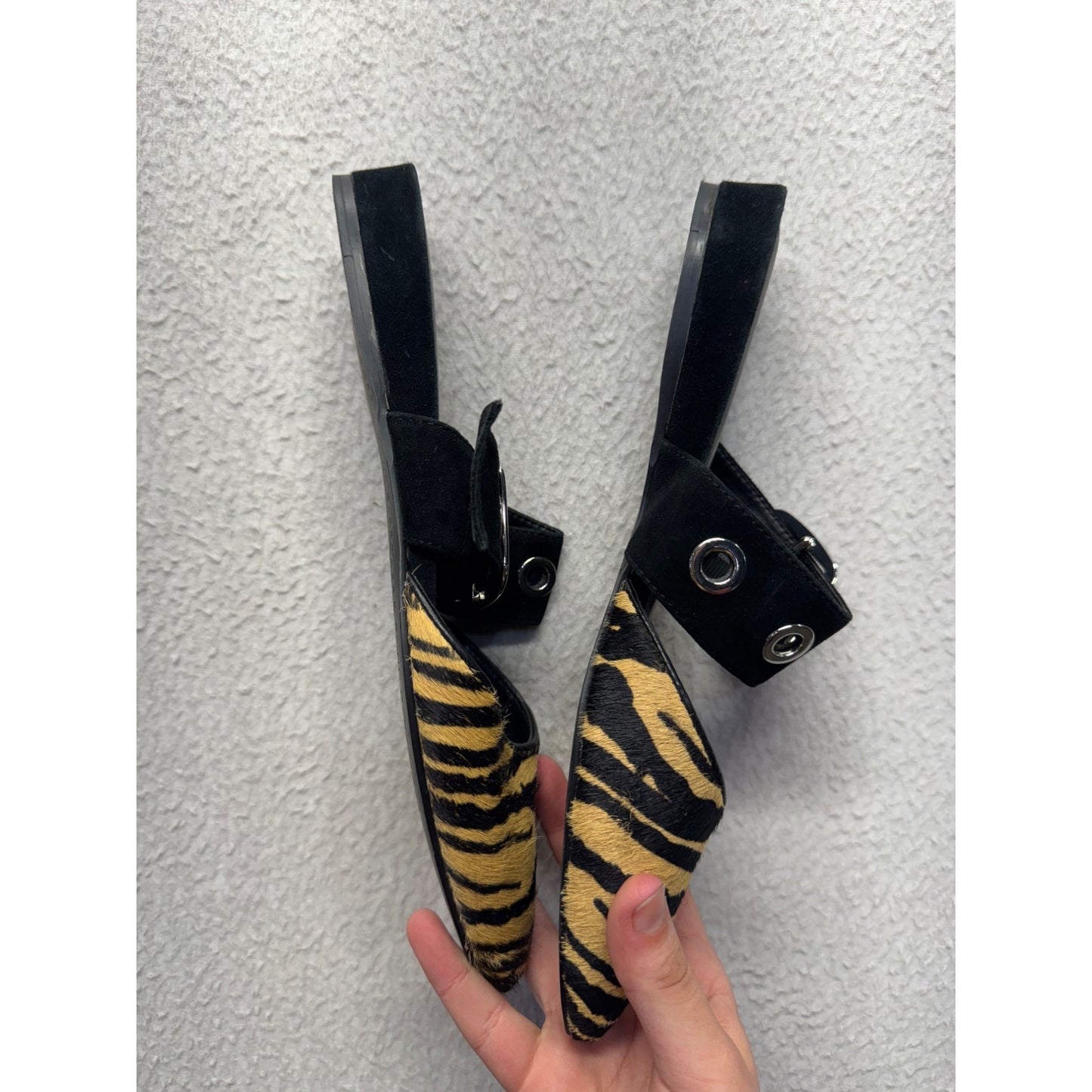 Bleecker & Bond Zebra Print Cowhide Shearling Slides With Buckle strap #9372