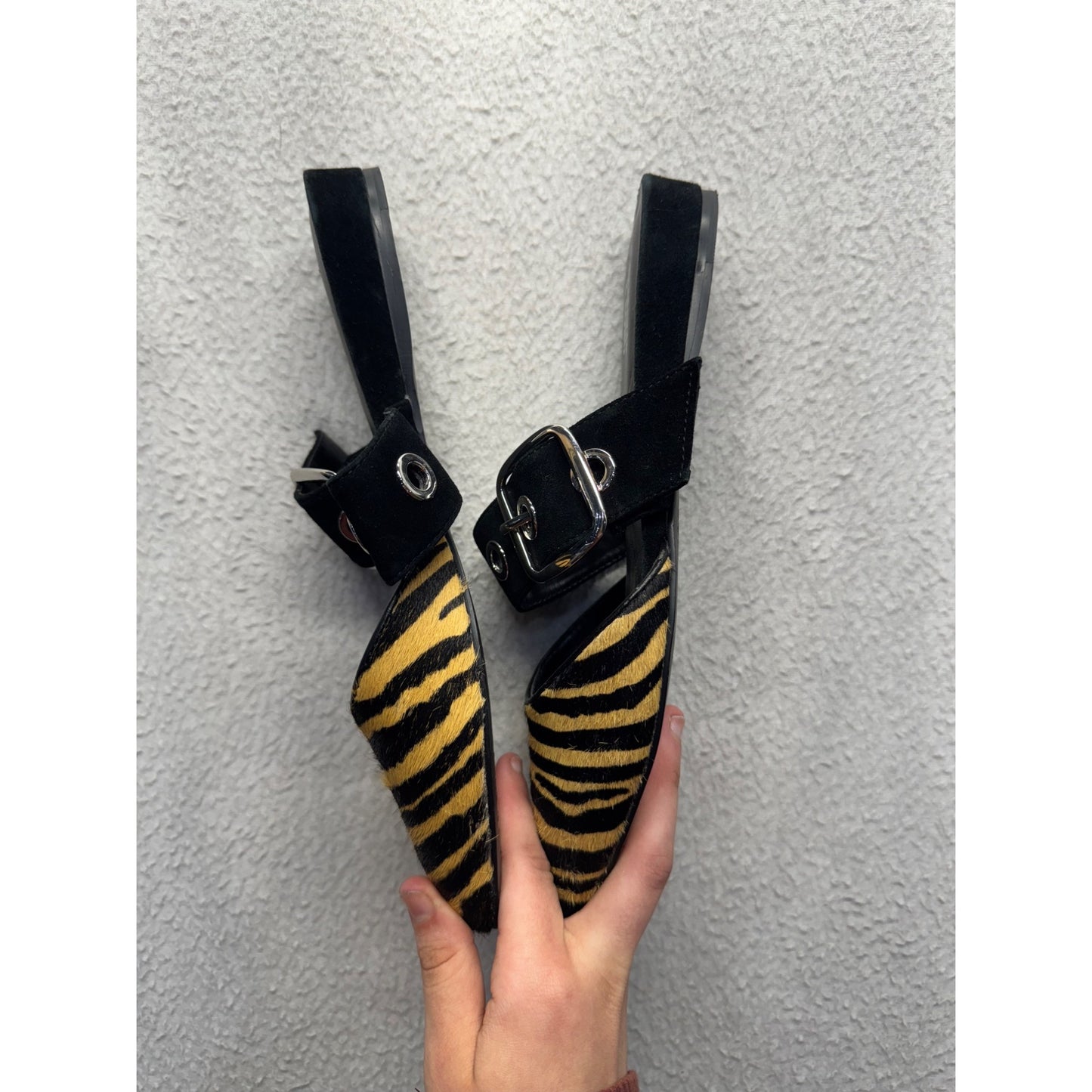 Bleecker & Bond Zebra Print Cowhide Shearling Slides With Buckle strap #9372