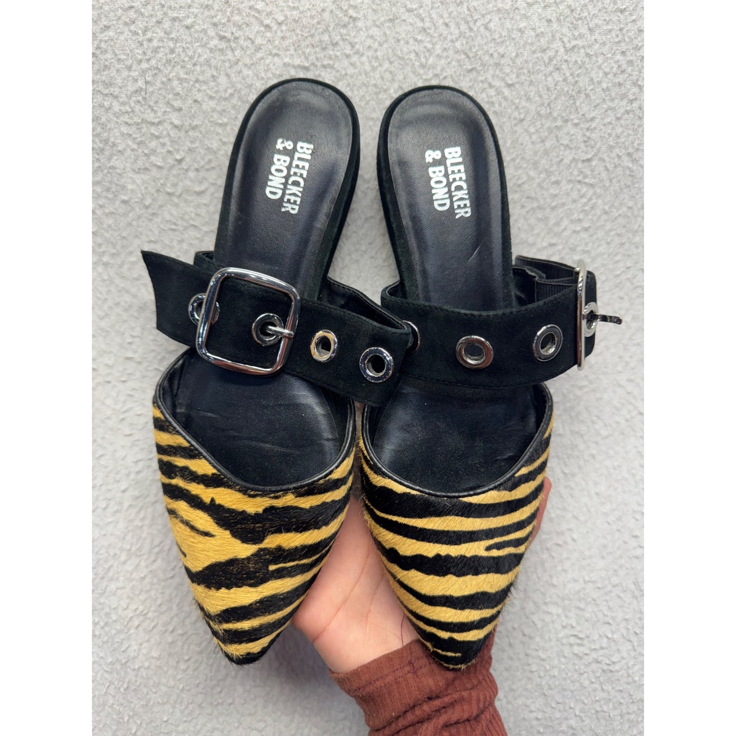 Bleecker & Bond Zebra Print Cowhide Shearling Slides With Buckle strap #9372
