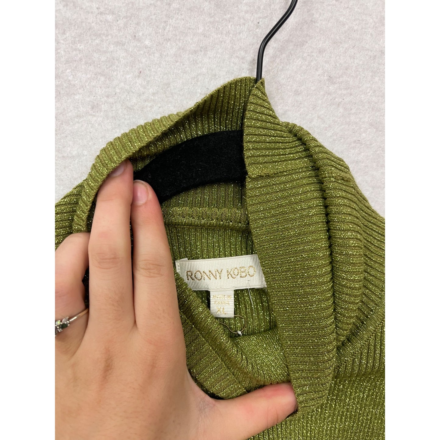 Ronny Kobo Olive Green Shimmer Ribbed Knit Long Sleeve Maxi Dress XL #787A
