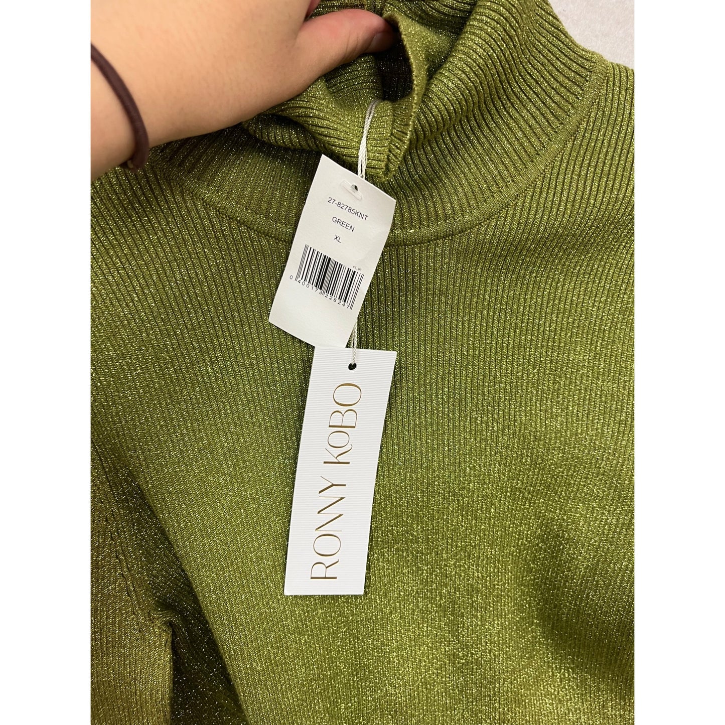 Ronny Kobo Olive Green Shimmer Ribbed Knit Long Sleeve Maxi Dress XL #787A