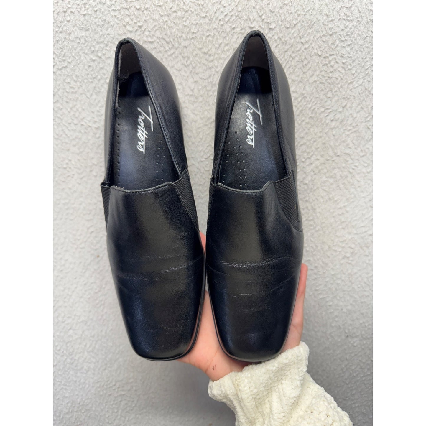 Trotters Black Leather Slip-On Loafers With Square Toe & Low Heel #9829