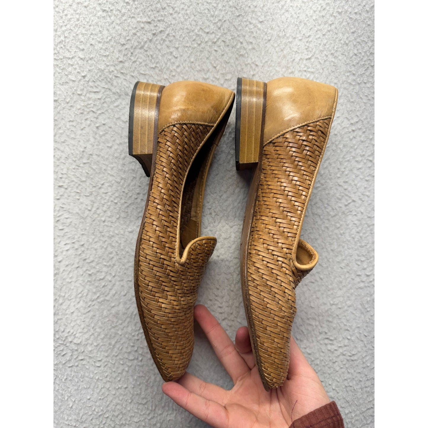 Meucci Woven Leather Loafers Made In Italy Size 8.5 M Tan Square Toe #9373