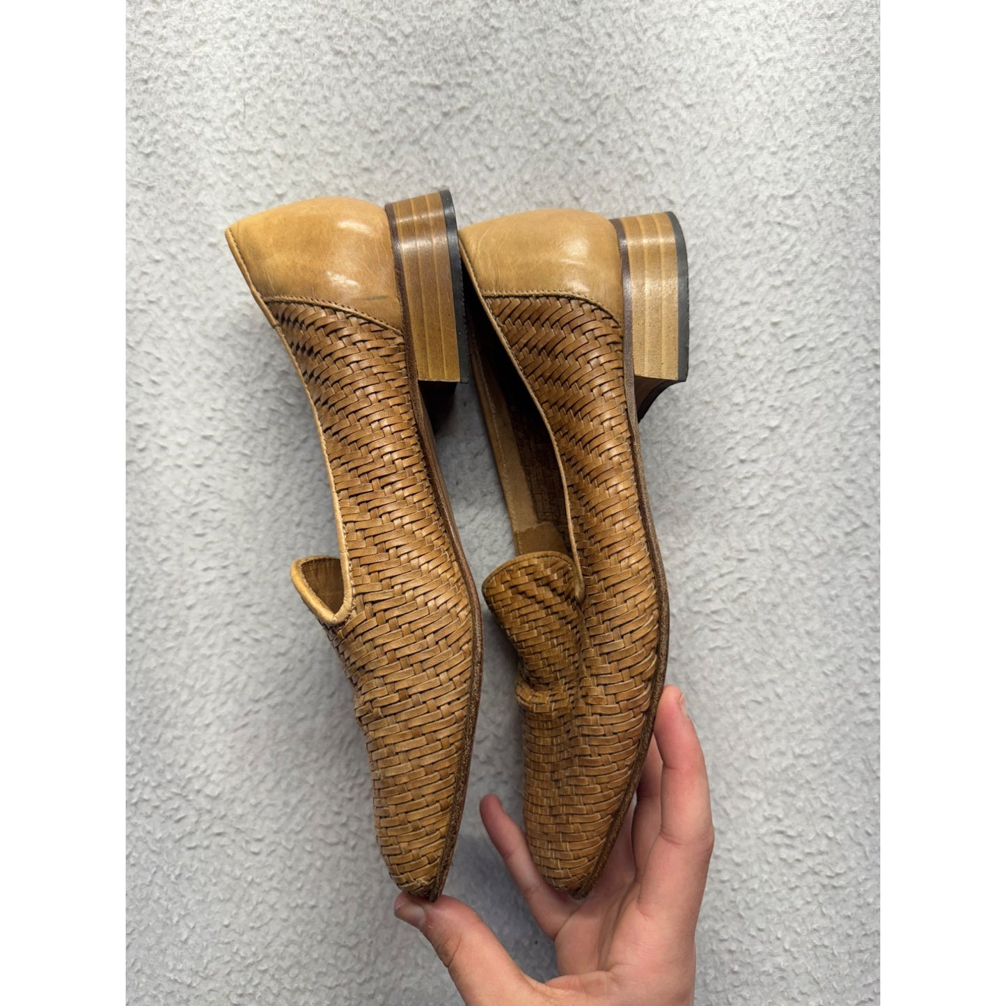 Meucci Woven Leather Loafers Made In Italy Size 8.5 M Tan Square Toe #9373