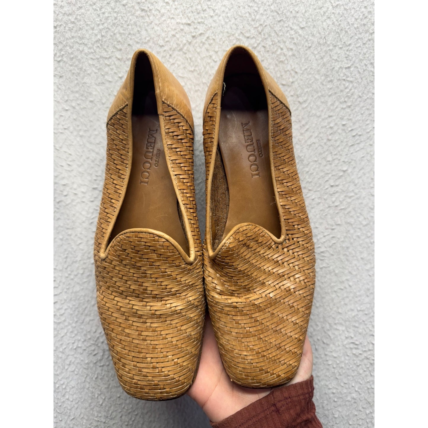 Meucci Woven Leather Loafers Made In Italy Size 8.5 M Tan Square Toe #9373