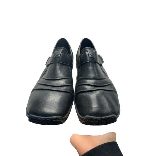 Rieker Black Leather Slip-On Shoes With Elastic Straps & Textured Sole #9467