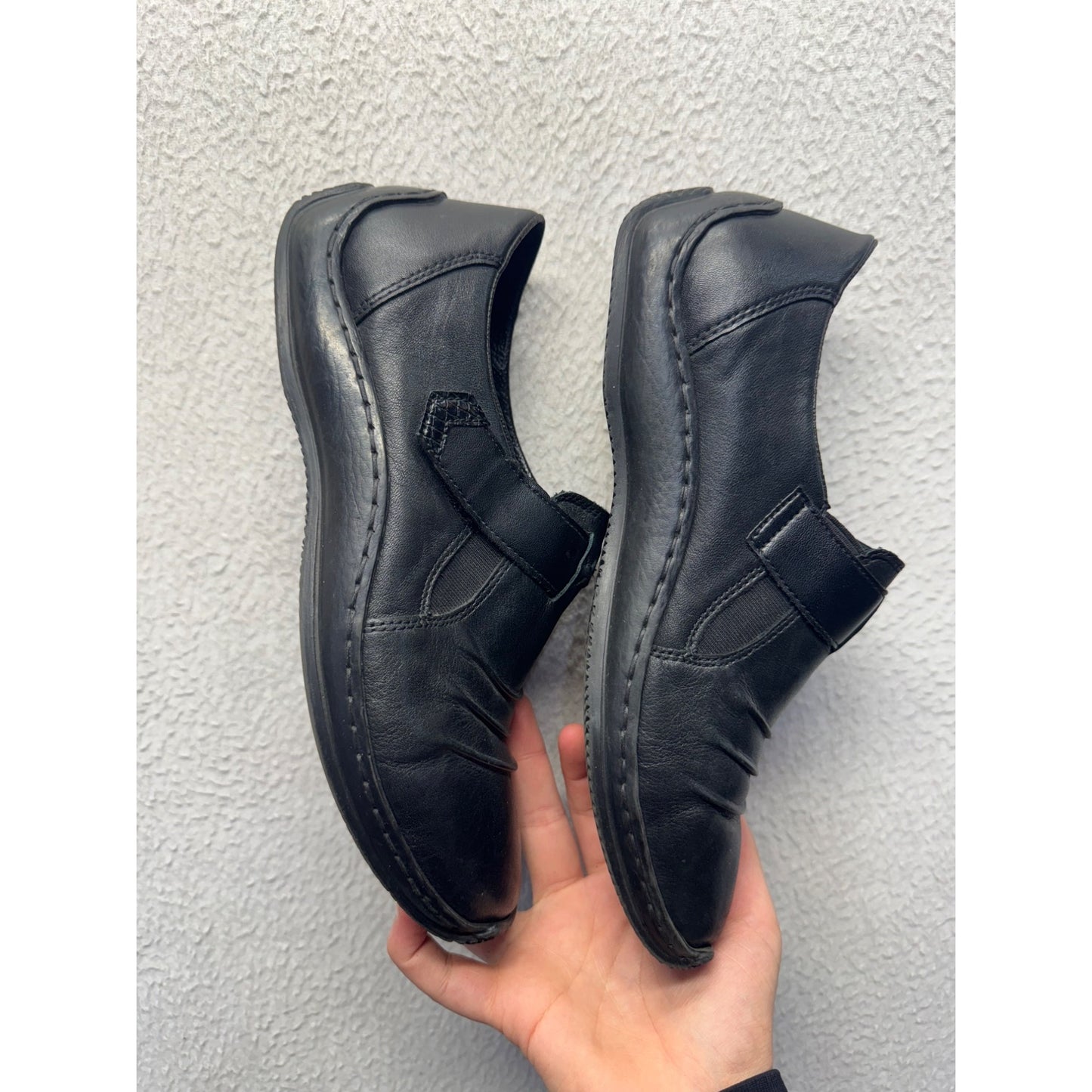Rieker Black Leather Slip-On Shoes With Elastic Straps & Textured Sole #9467