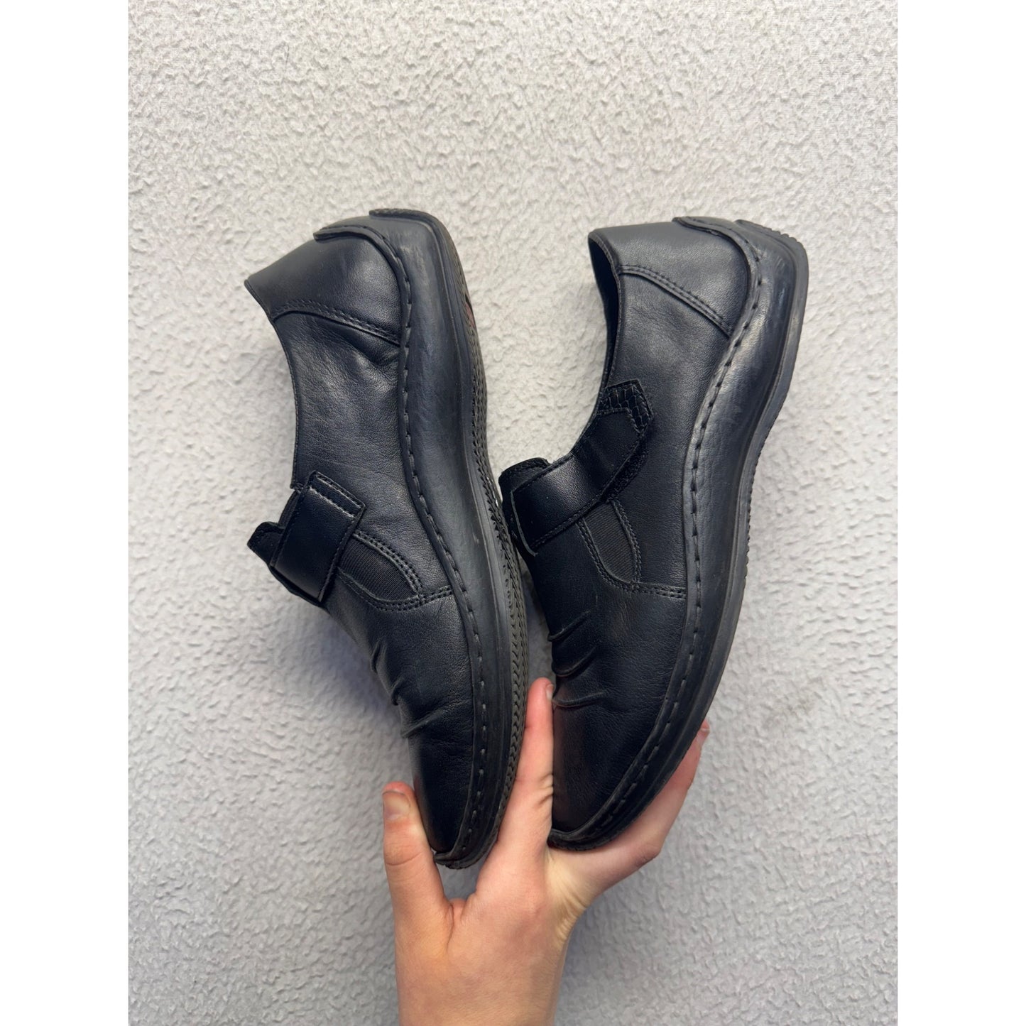 Rieker Black Leather Slip-On Shoes With Elastic Straps & Textured Sole #9467