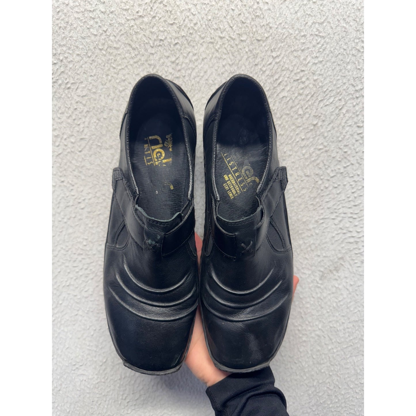 Rieker Black Leather Slip-On Shoes With Elastic Straps & Textured Sole #9467
