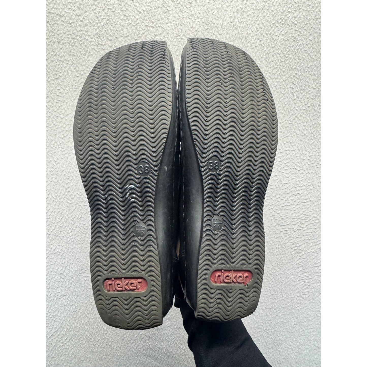 Rieker Black Leather Slip-On Shoes With Elastic Straps & Textured Sole #9467