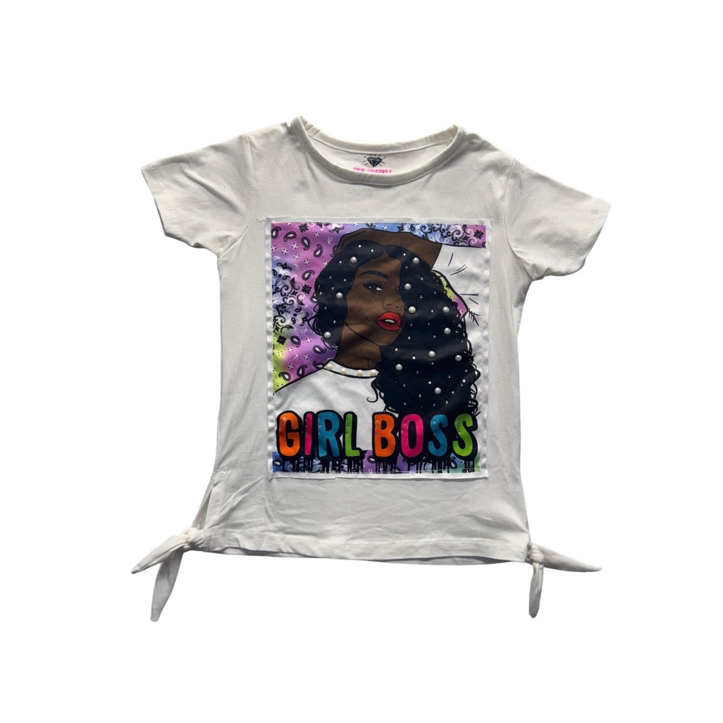 Girl Boss Graphic Tee Pearl & Rhinestone Accents Side Tie Detail Size 4 #9330