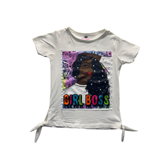 Girl Boss Graphic Tee Pearl & Rhinestone Accents Side Tie Detail Size 4 #9330