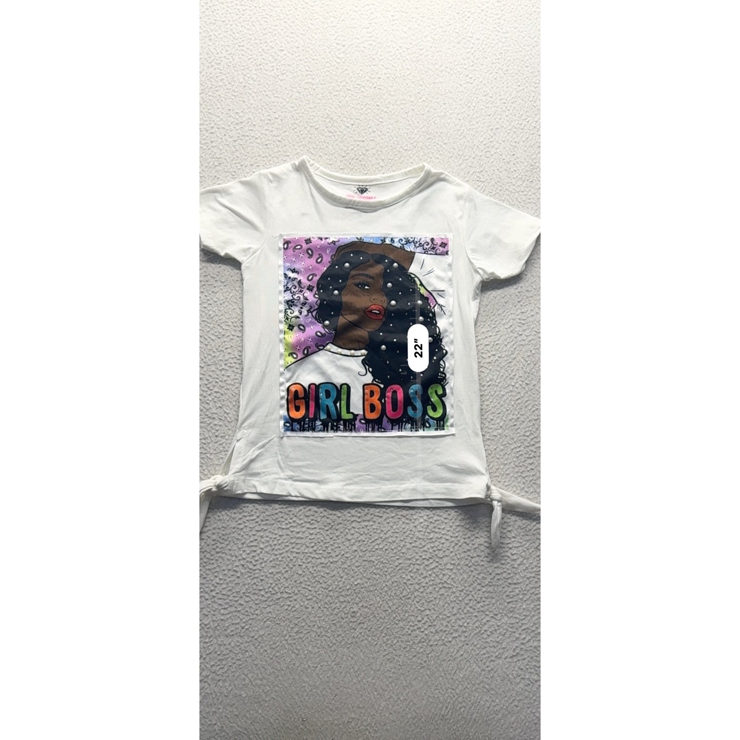 Girl Boss Graphic Tee Pearl & Rhinestone Accents Side Tie Detail Size 4 #9330