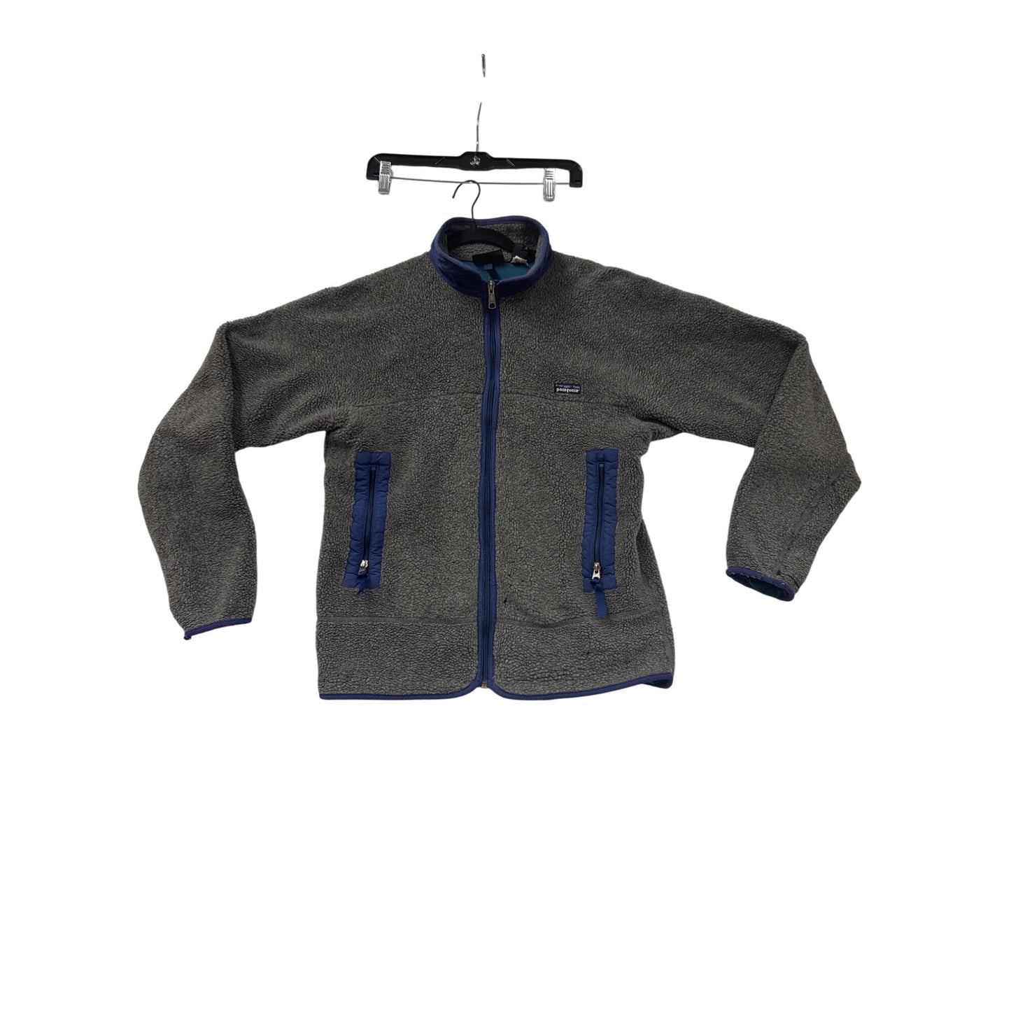 Patagonia Gray Full-Zip Sherpa Fleece Jacket With Blue Accents & Zippered Pockets Mens L Warm & Durable Outdoor Wear #6980