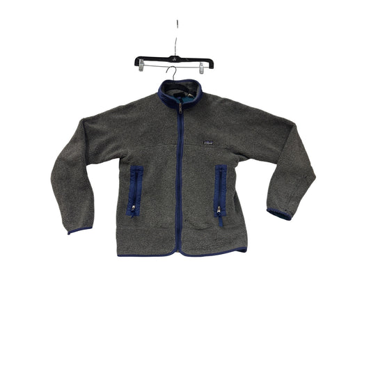 Patagonia Gray Full-Zip Sherpa Fleece Jacket With Blue Accents & Zippered Pockets Mens L Warm & Durable Outdoor Wear #6980