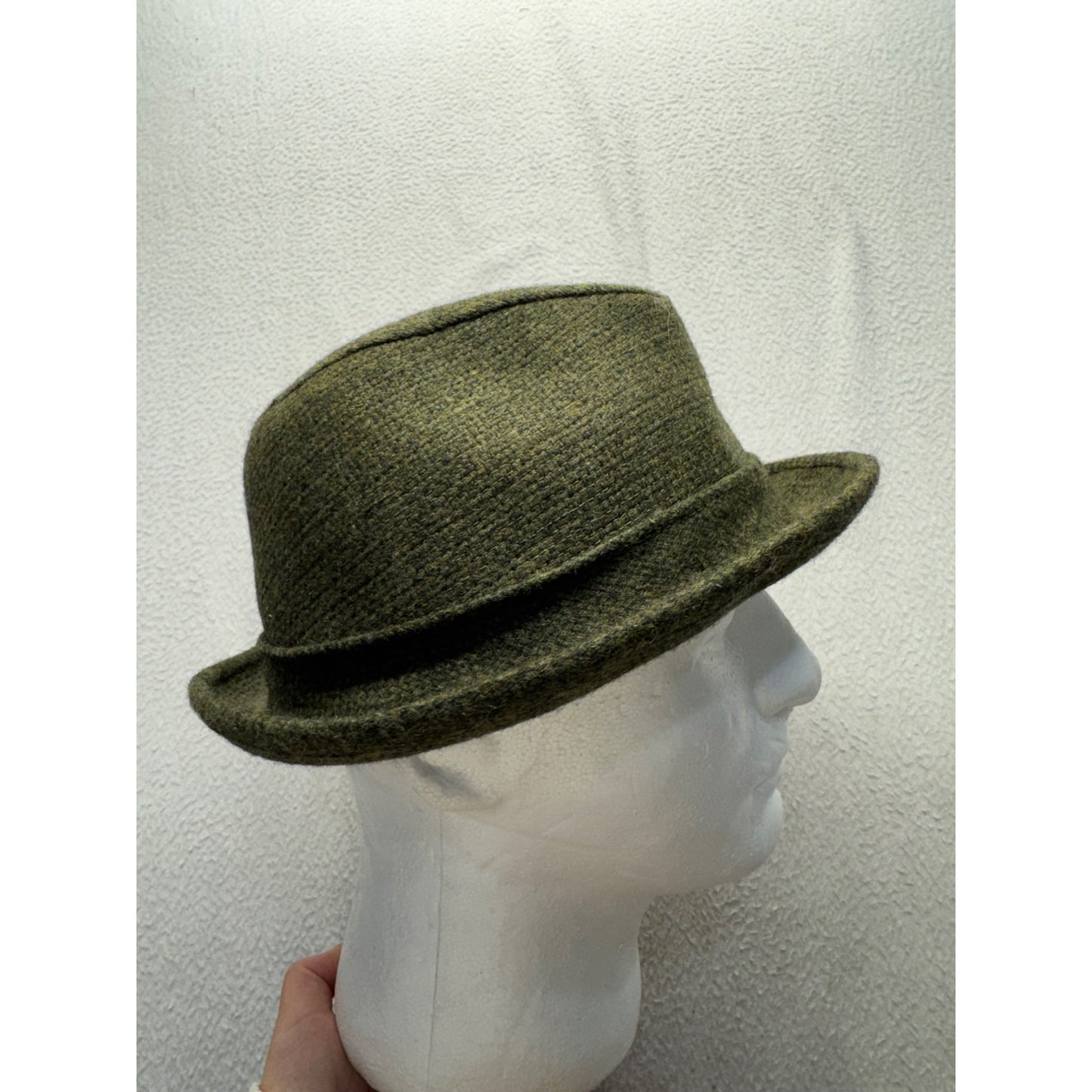 Green Tweed Fedora Hat With Ribbon Accent Classic Style Wool Blend #9852